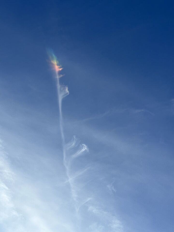 Snel vliegende tictac naast regenboog wolk (foto genomen door lens zonnebrilp) foto