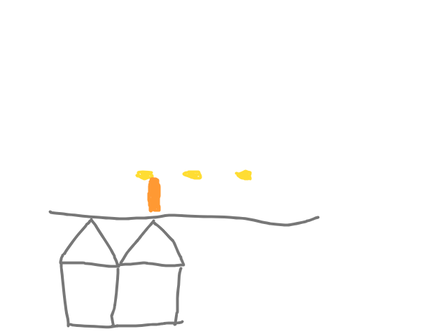 Drie witte lichten met dikke oranje straal eronder schets